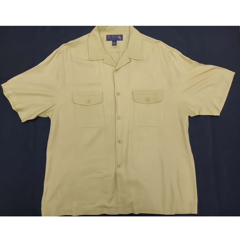 Nat Nast Luxury Originals Mens Large 100% Silk Short Sleeve Camp Shirt Green